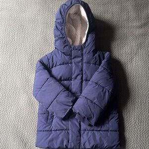 Primary Navy Hooded Puffer Jacket with Sherpa Lining